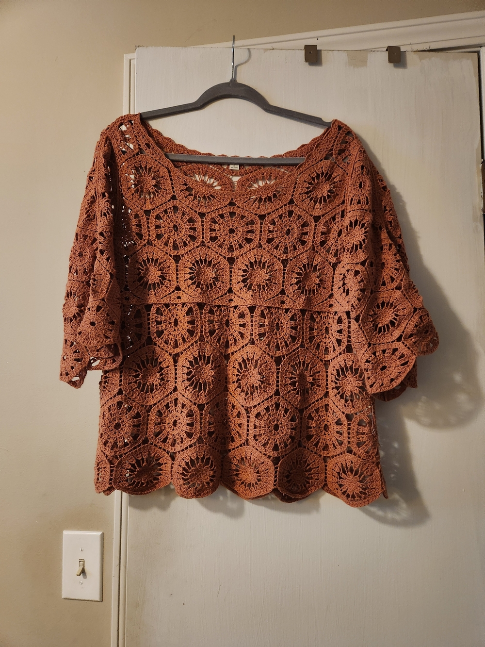Ultra Pink Crochet Lace Peasant Top - Terracotta